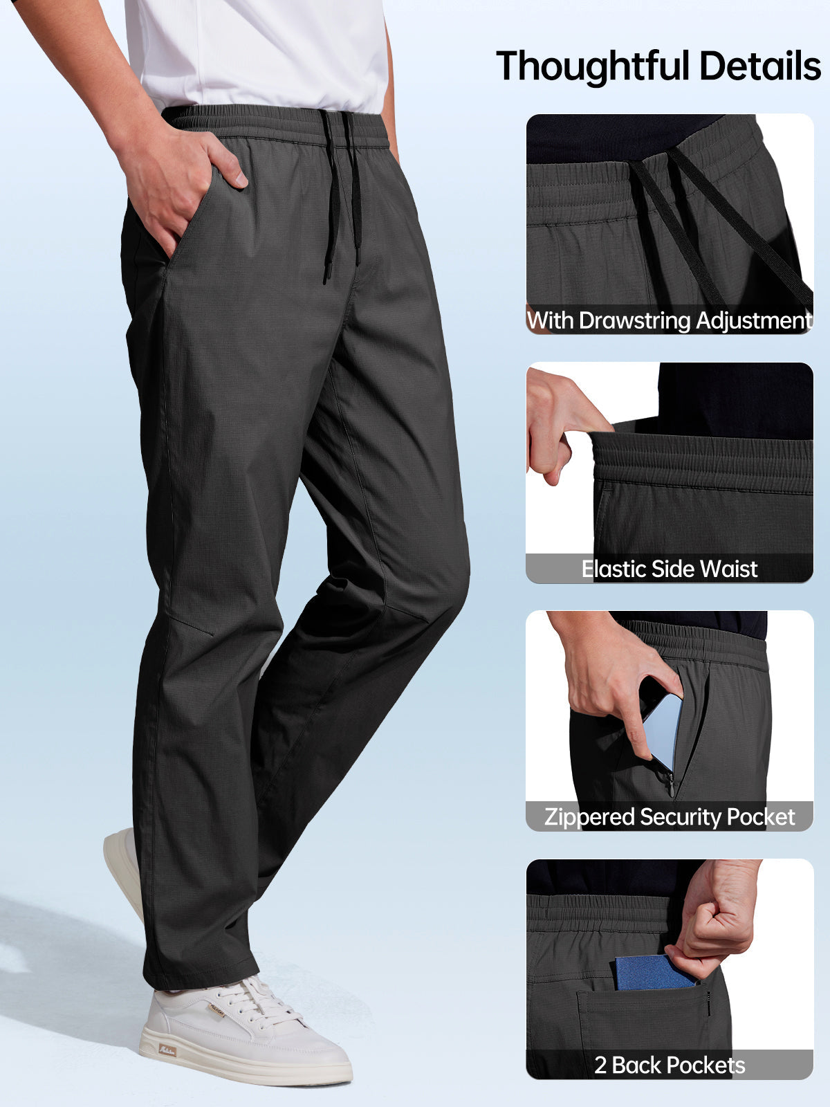 FREE SOLDIER Men's Elastic Waist Lightweight Water Resistant Quick-Dry Hiking Outdoor Sweatpants Pants