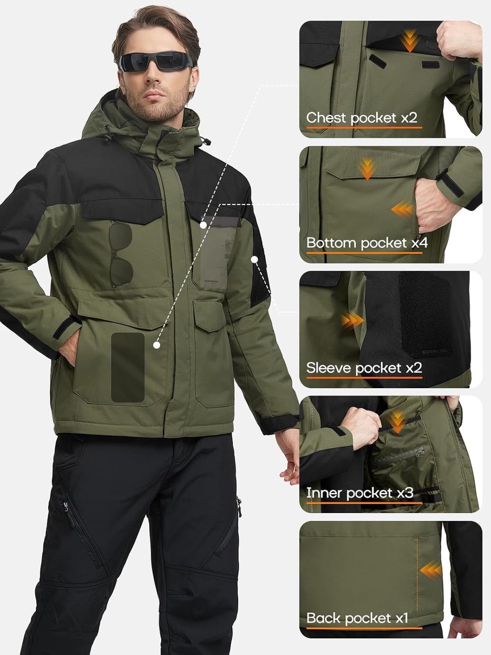 SHARP Men's Warm & Waterproof Ski Winter Jacket w/  Multi Pockets & Detachable Hood