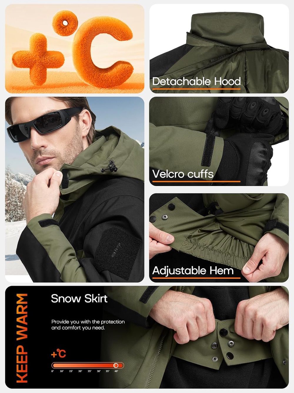 SHARP Men's Warm & Waterproof Ski Winter Jacket w/  Multi Pockets & Detachable Hood